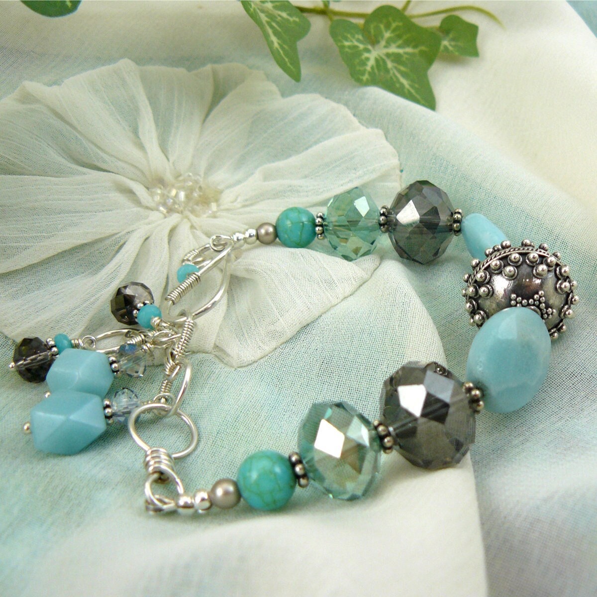Faceted Amazonite and Bali Sterling Silver Bead Bracelet