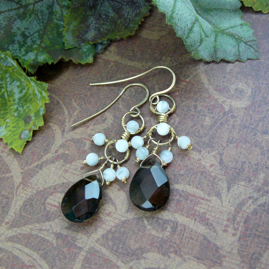 Smoky Quartz and Mother of Pearl Teardrop Briolette Drop Dangle Earrings