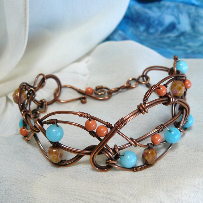Whimsical Freestyle Copper and Bead Wire Wrap Cuff Bracelet