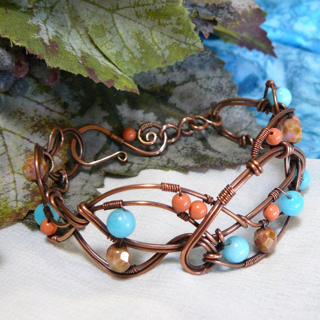 Whimsical Freestyle Copper and Bead Wire Wrap Cuff Bracelet