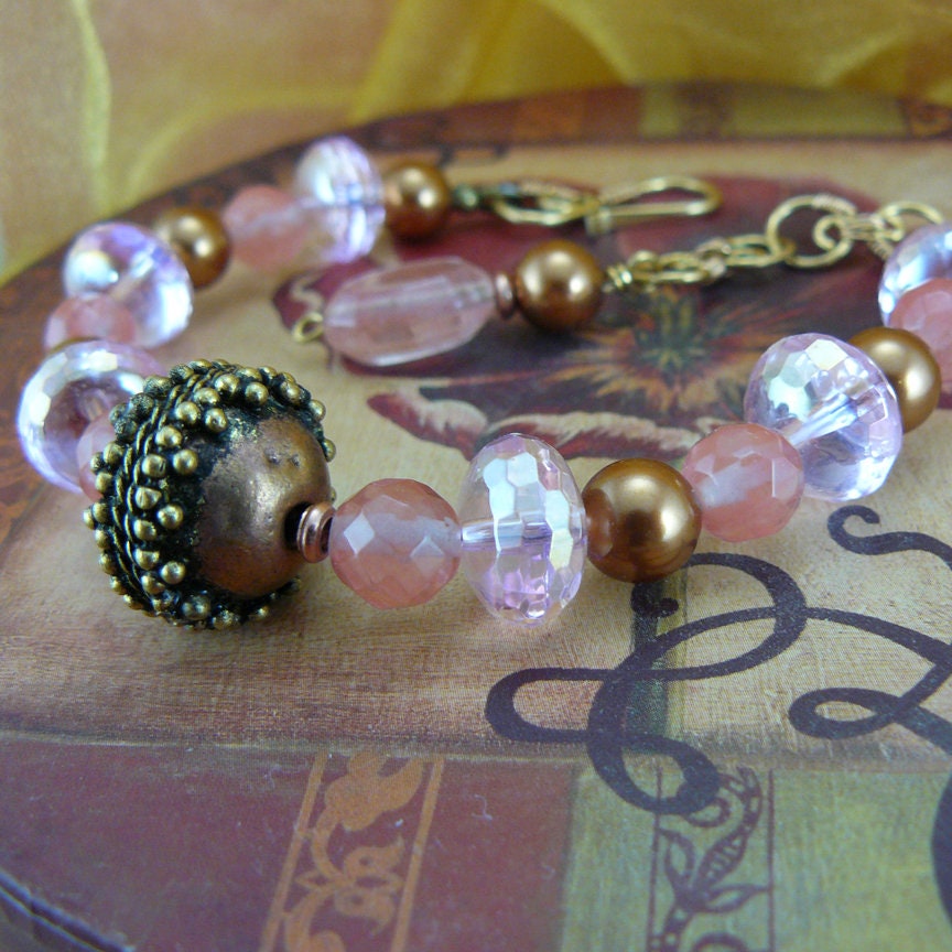 Pink Crystal and Crystal Copper Swarovski Pearl Beaded Bali Style Bracelet
