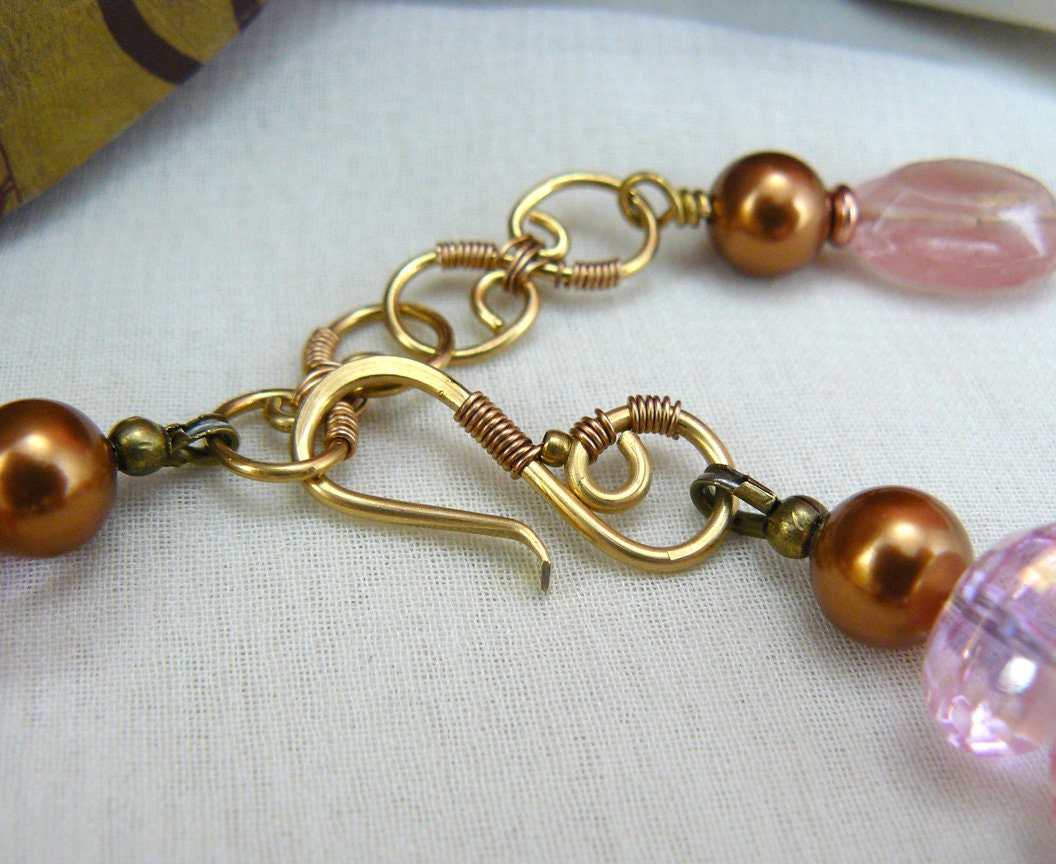 Pink Crystal and Crystal Copper Swarovski Pearl Beaded Bali Style Bracelet