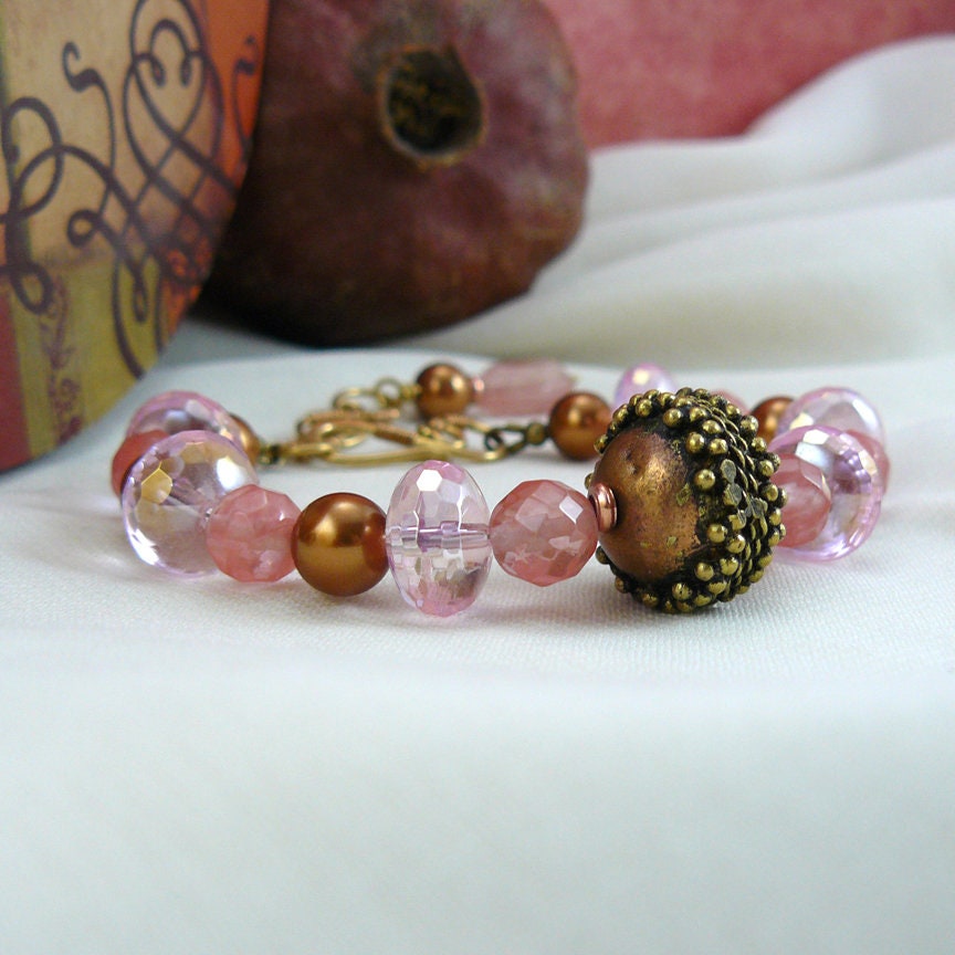 Pink Crystal and Crystal Copper Swarovski Pearl Beaded Bali Style Bracelet