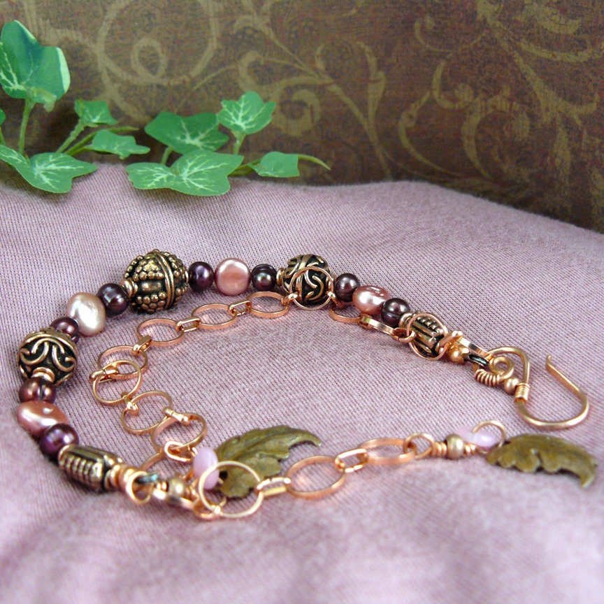 Copper Bead and Freshwater Pearl Leaf Charm Bracelet in Shades of Pink and Brown