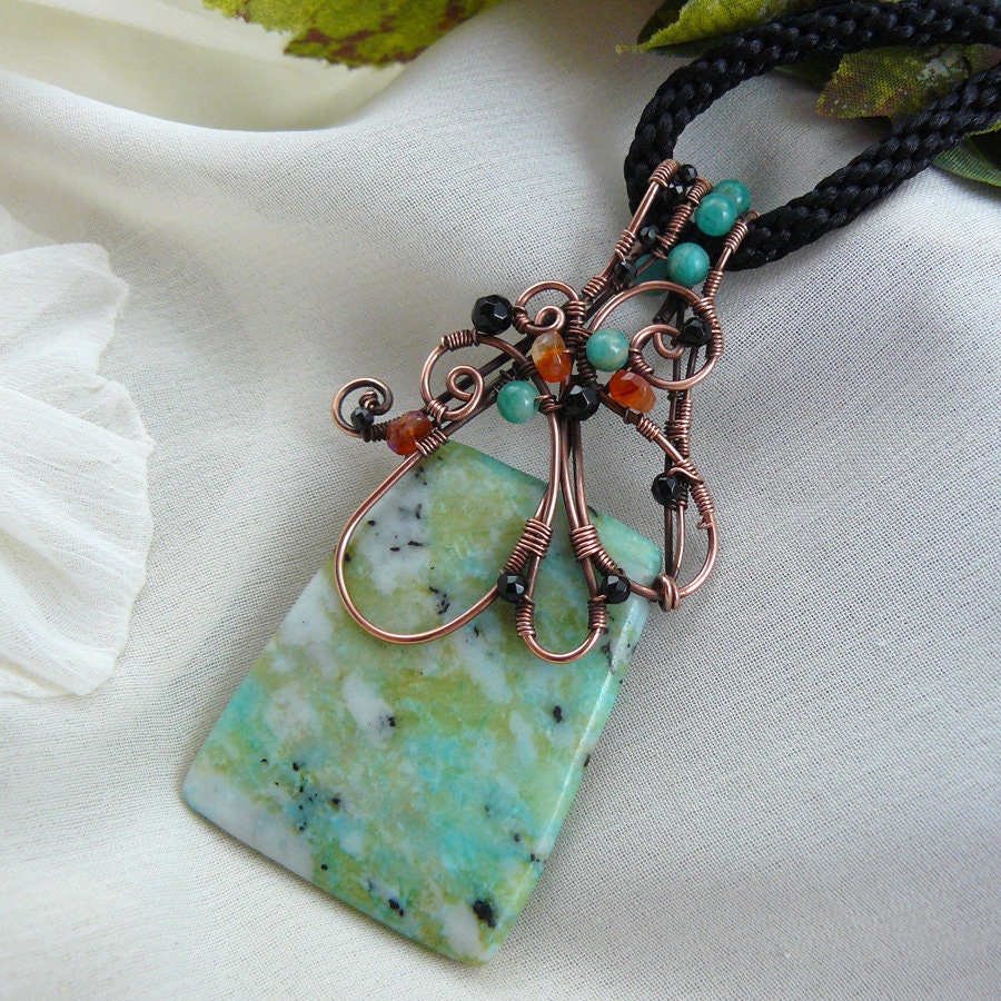 Paisley Design Copper Wire Wrapped Kiwi Jasper Pendant with Black Kumihimo Cord