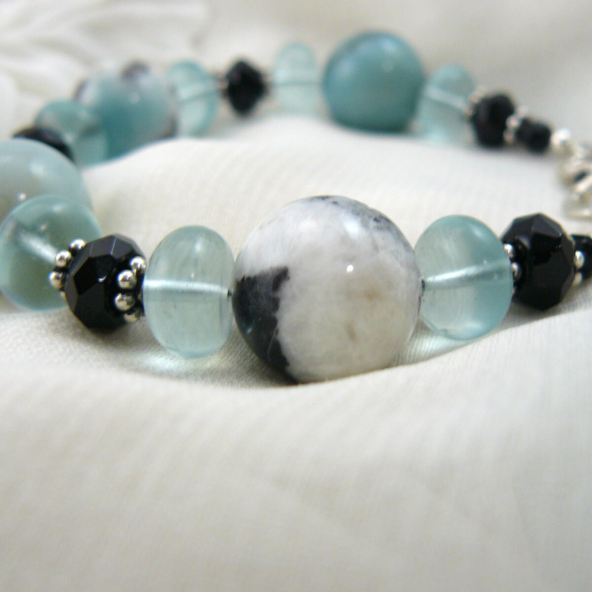 Aqua Blue and Black Amazonite and Black Onyx Beaded Bracelet
