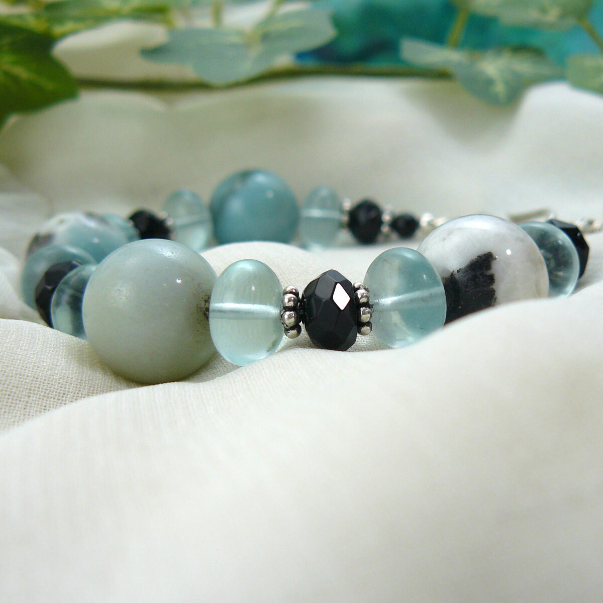 Aqua Blue and Black Amazonite and Black Onyx Beaded Bracelet
