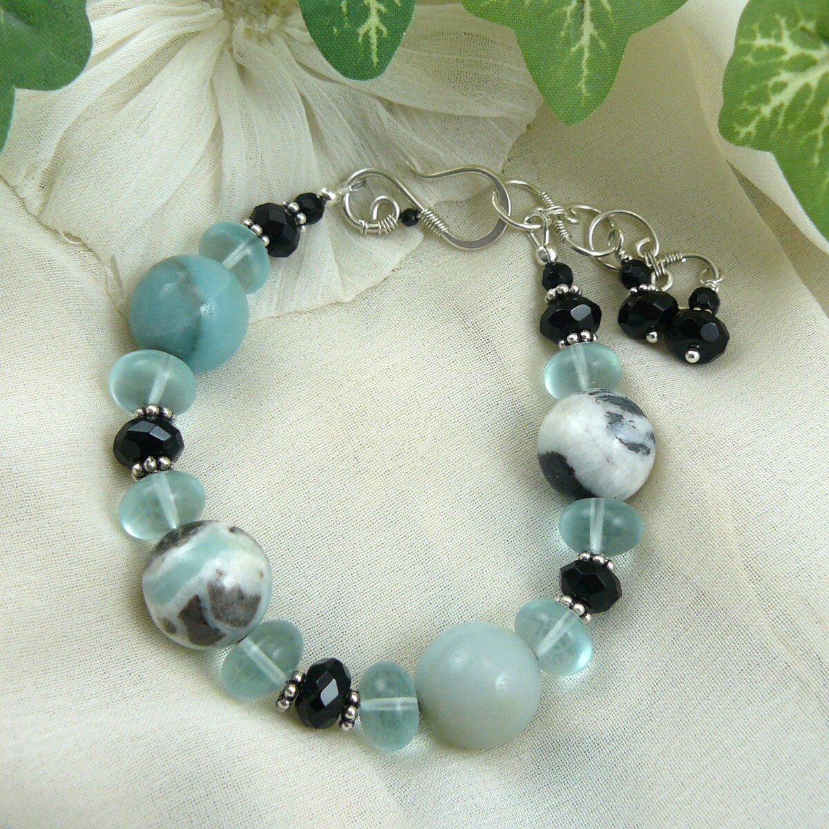 Aqua Blue and Black Amazonite and Black Onyx Beaded Bracelet