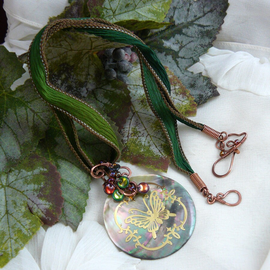 Wire Wrapped Gold and Green Butterfly Black Lip Shell Pendant