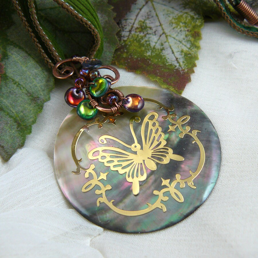 Wire Wrapped Gold and Green Butterfly Black Lip Shell Pendant