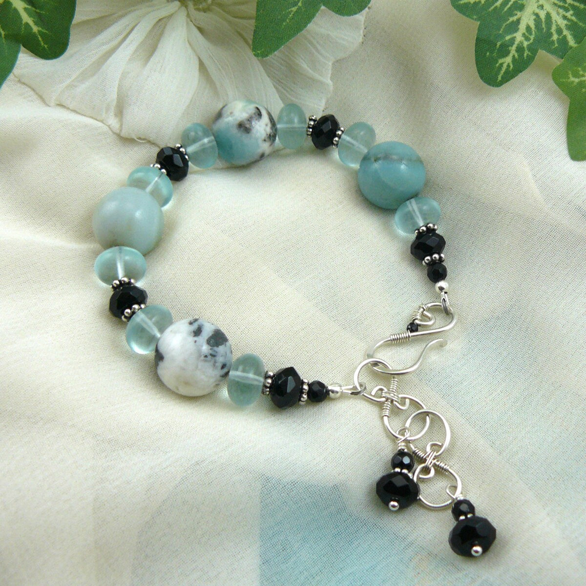 Aqua Blue and Black Amazonite and Black Onyx Beaded Bracelet