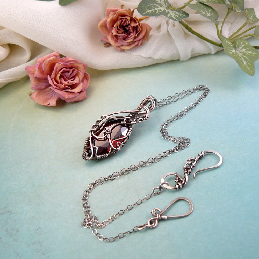 Victorian Style Wire Wrapped Siam Red Swarovski Crystal Marquise Pendant in Sterling Silver