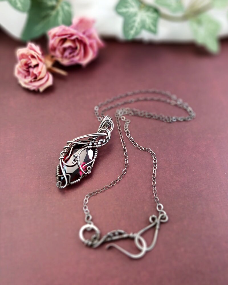 Victorian Style Wire Wrapped Siam Red Swarovski Crystal Marquise Pendant in Sterling Silver
