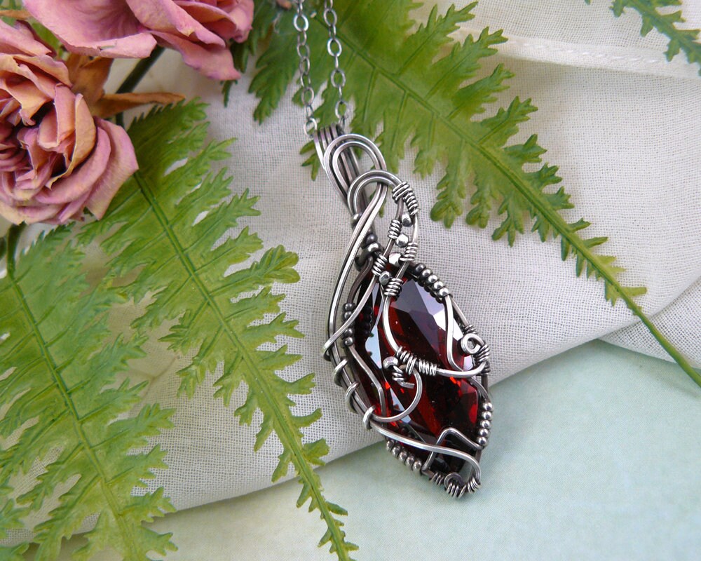 Victorian Style Wire Wrapped Siam Red Swarovski Crystal Marquise Pendant in Sterling Silver