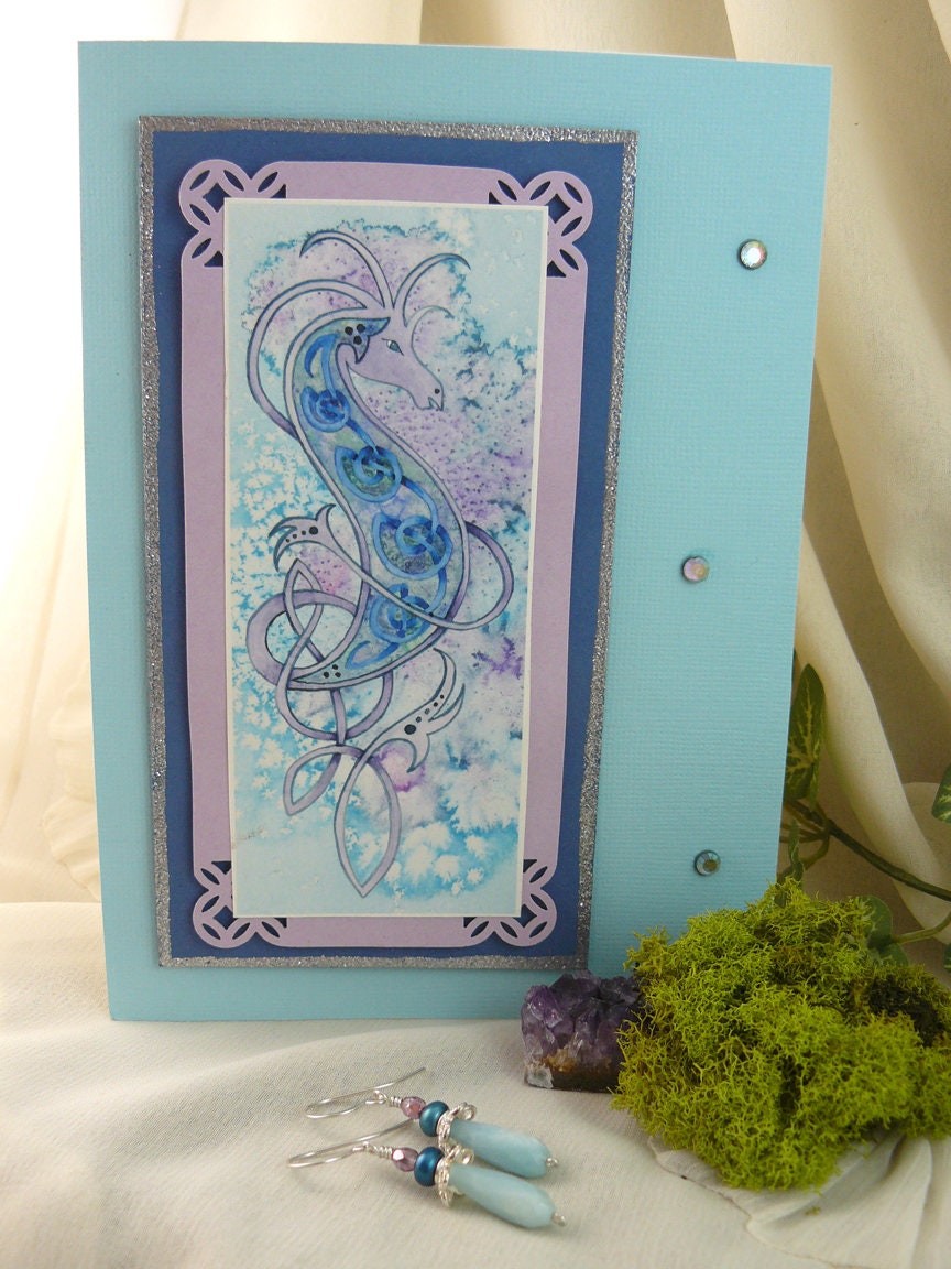 Amazonite Pearl and Sterling Silver Earrings in a Celtic Knot Dragon Watercolor Greeting Card