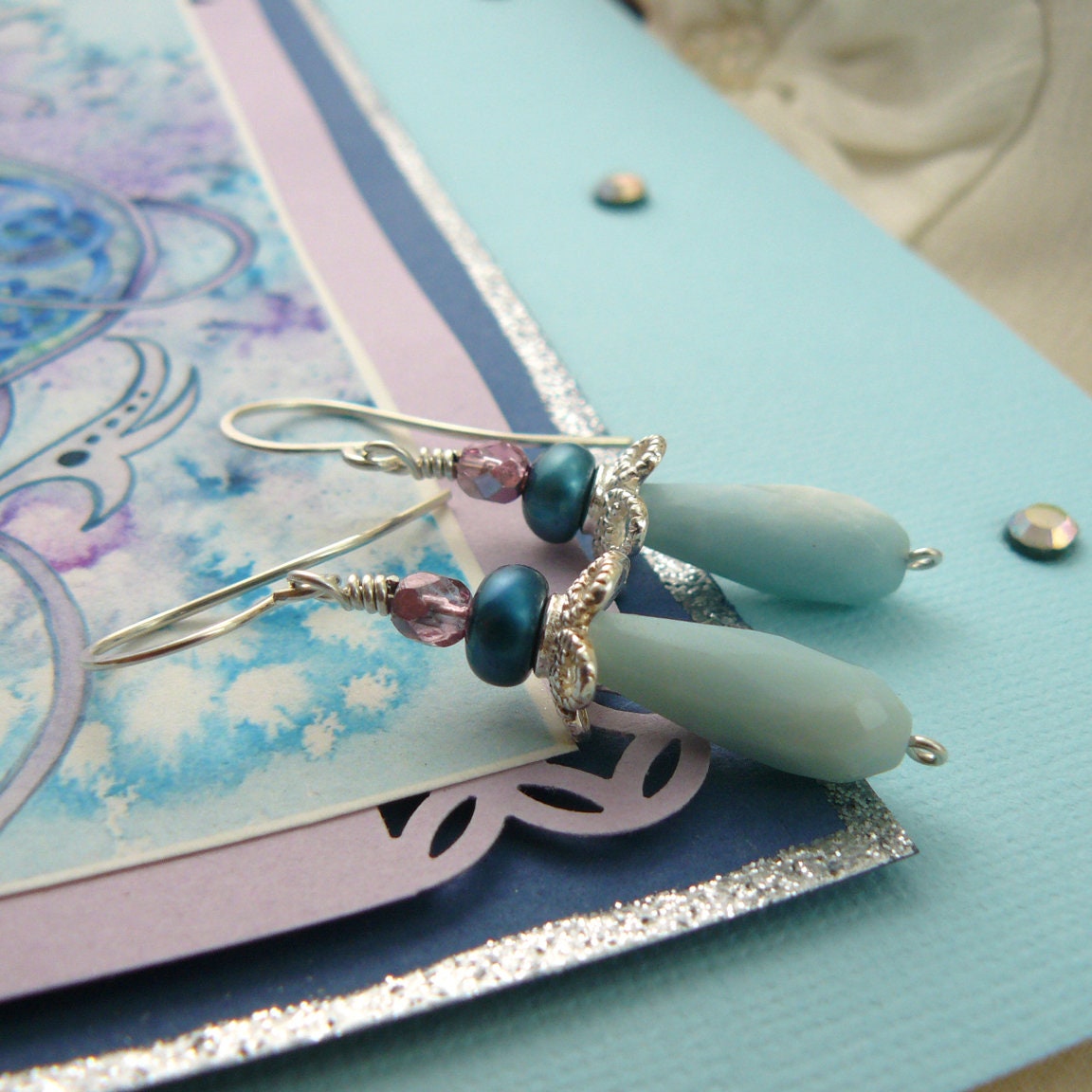 Amazonite Pearl and Sterling Silver Earrings in a Celtic Knot Dragon Watercolor Greeting Card