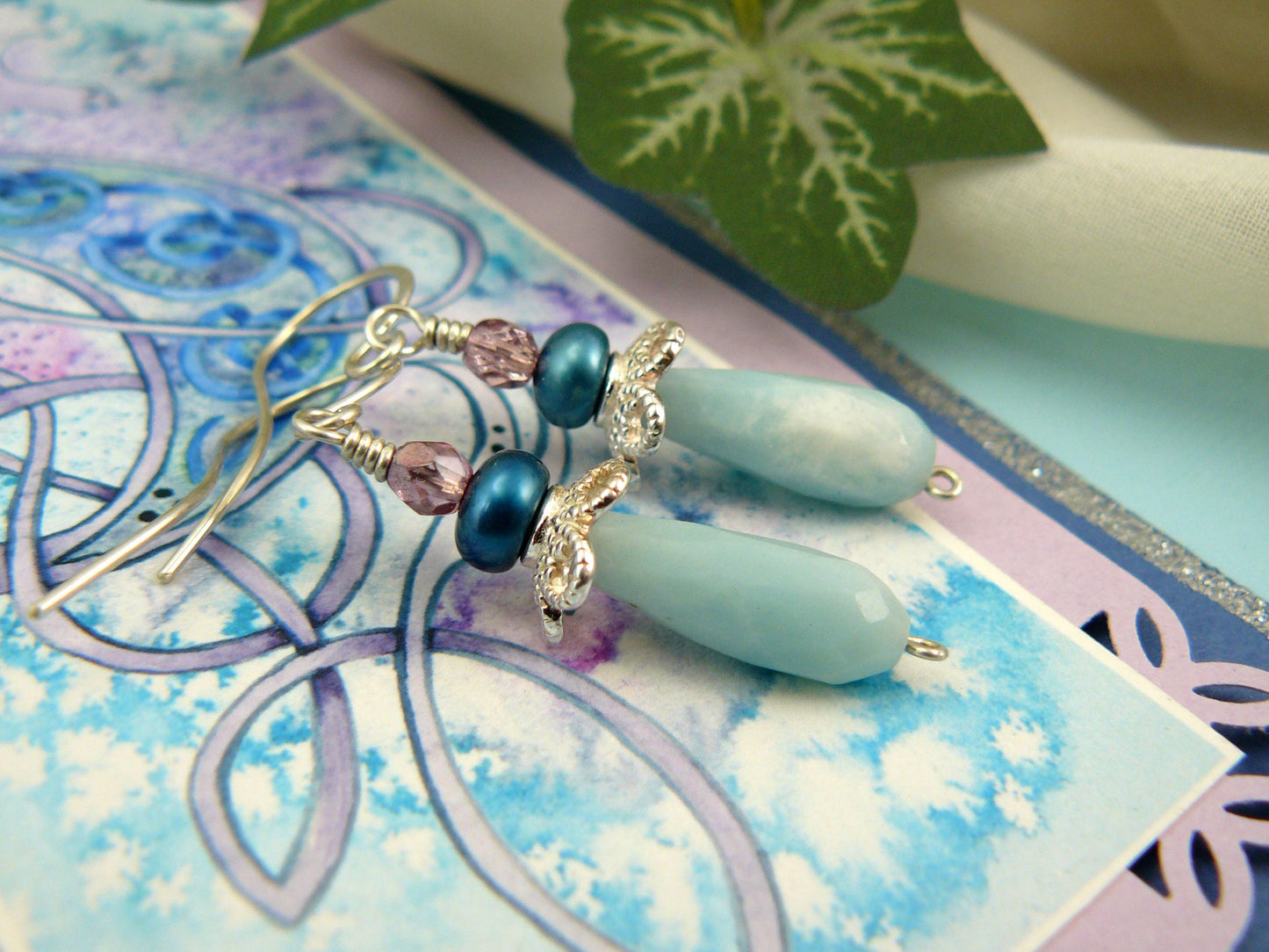 Amazonite Pearl and Sterling Silver Earrings in a Celtic Knot Dragon Watercolor Greeting Card