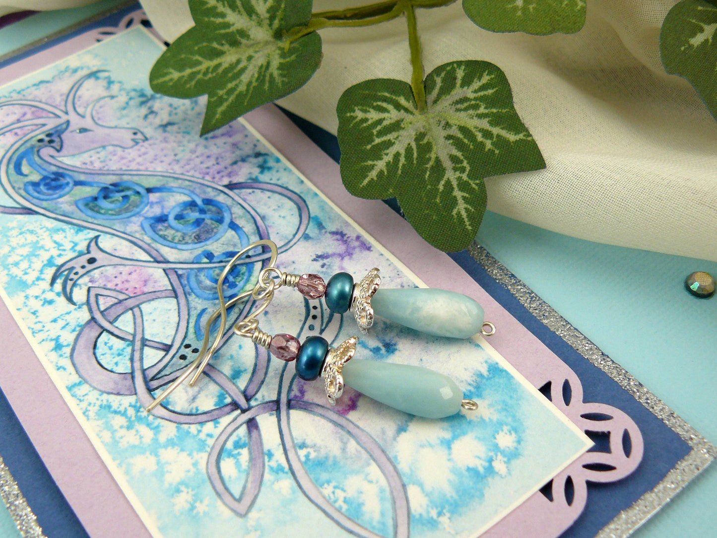 Amazonite Pearl and Sterling Silver Earrings in a Celtic Knot Dragon Watercolor Greeting Card