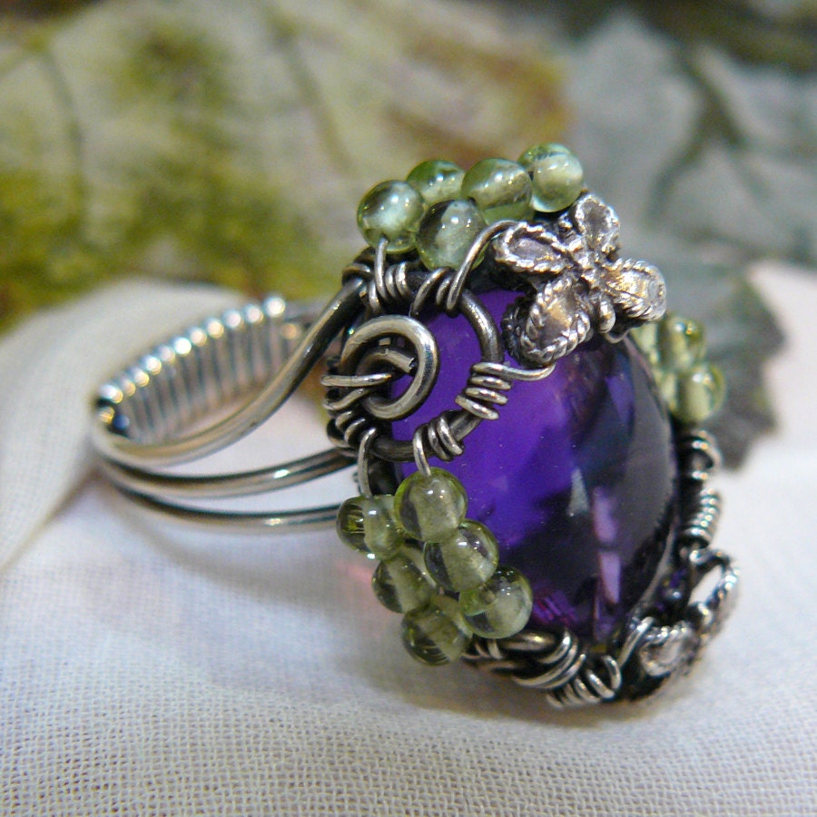 Amethyst and Peridot Wire Wrapped Statement Ring - Size 7 1/2