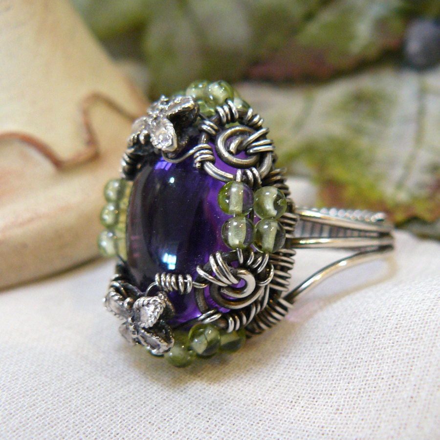 Amethyst and Peridot Wire Wrapped Statement Ring - Size 7 1/2