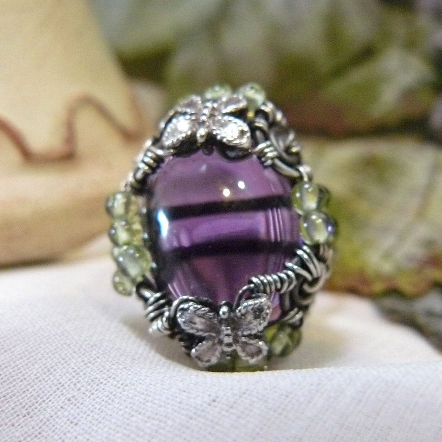Amethyst and Peridot Wire Wrapped Statement Ring - Size 7 1/2