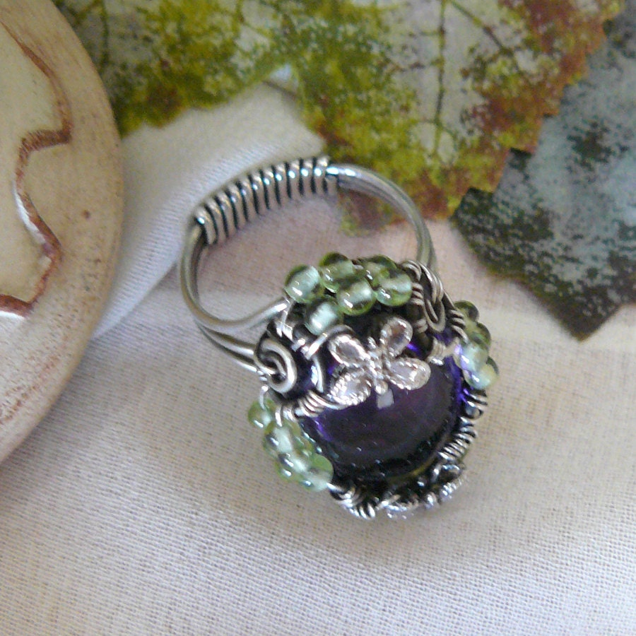 Amethyst and Peridot Wire Wrapped Statement Ring - Size 7 1/2