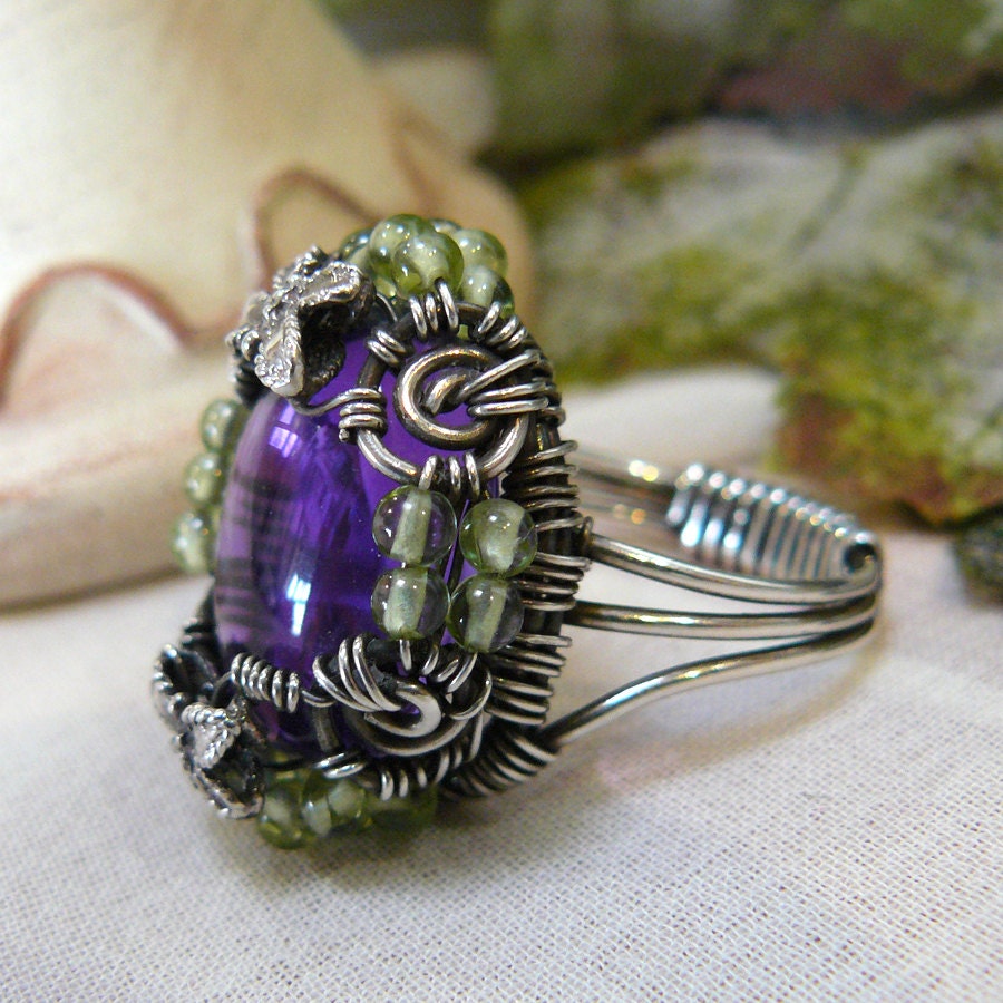 Amethyst and Peridot Wire Wrapped Statement Ring - Size 7 1/2