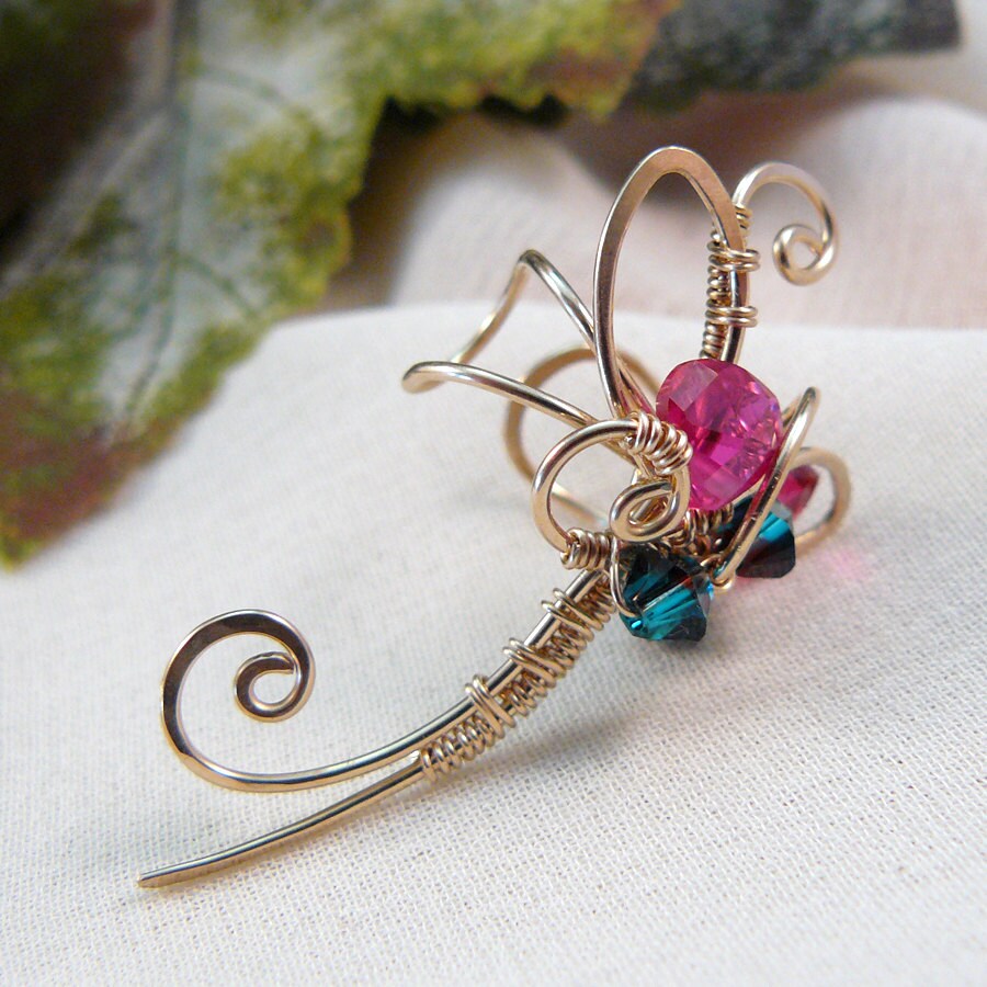 Elfin Ears ~ Red Cubic Zirconia Wire Wrapped Fantasy Fairy Ear Cuff