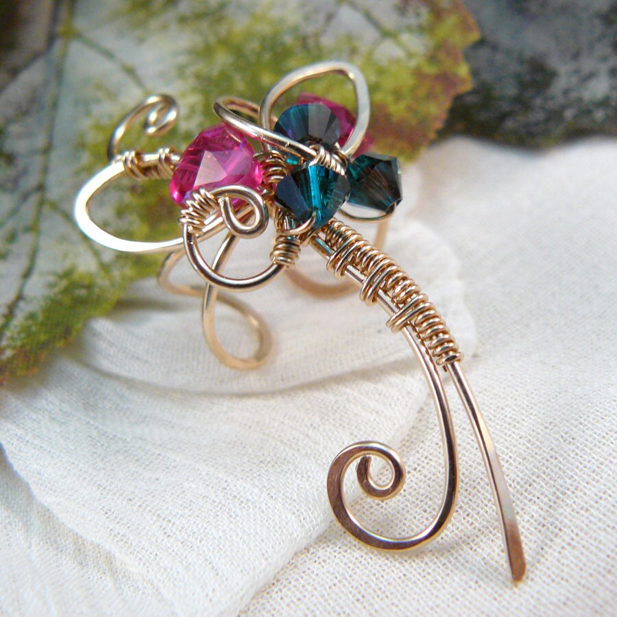 Elfin Ears ~ Red Cubic Zirconia Wire Wrapped Fantasy Fairy Ear Cuff