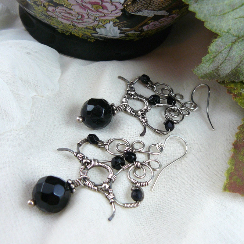 Opulent Onyx Sterling Silver Wire Wrapped Chandelier Earrings