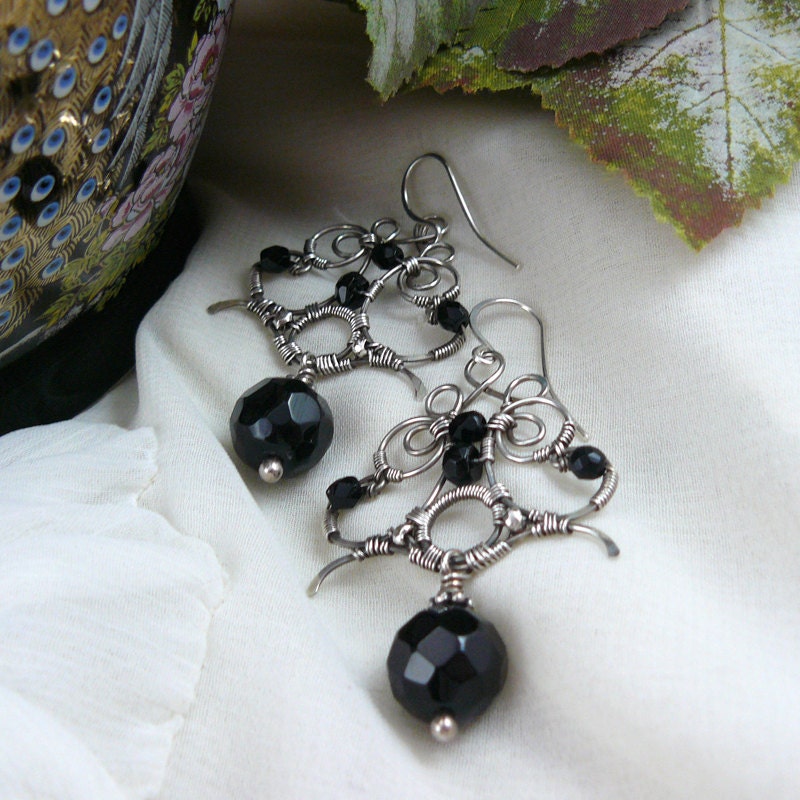 Opulent Onyx Sterling Silver Wire Wrapped Chandelier Earrings