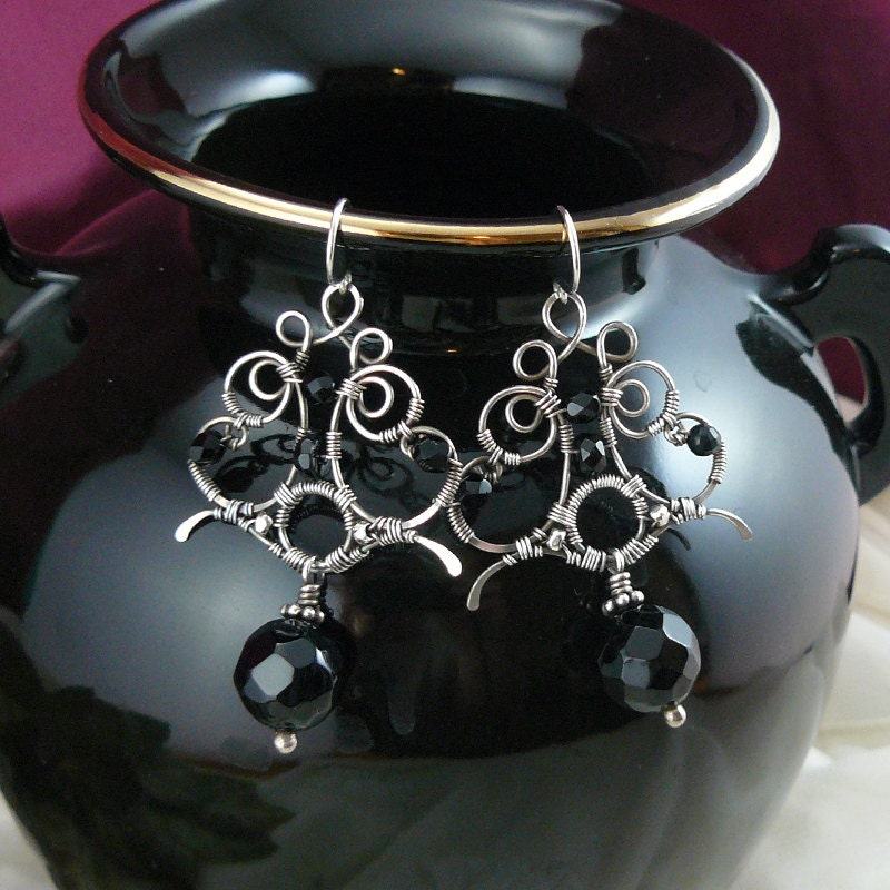 Opulent Onyx Sterling Silver Wire Wrapped Chandelier Earrings