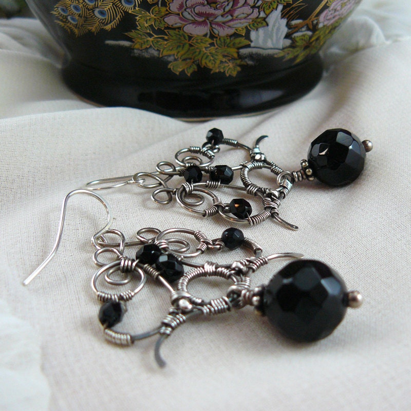 Opulent Onyx Sterling Silver Wire Wrapped Chandelier Earrings