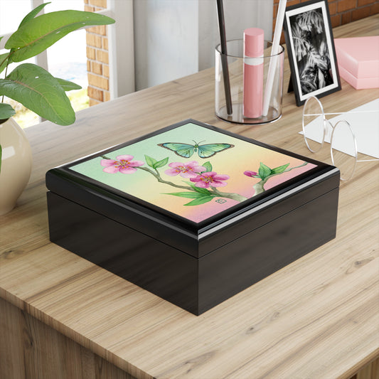 Sage Green Butterfly and Cherry Blossom Jewelry Box