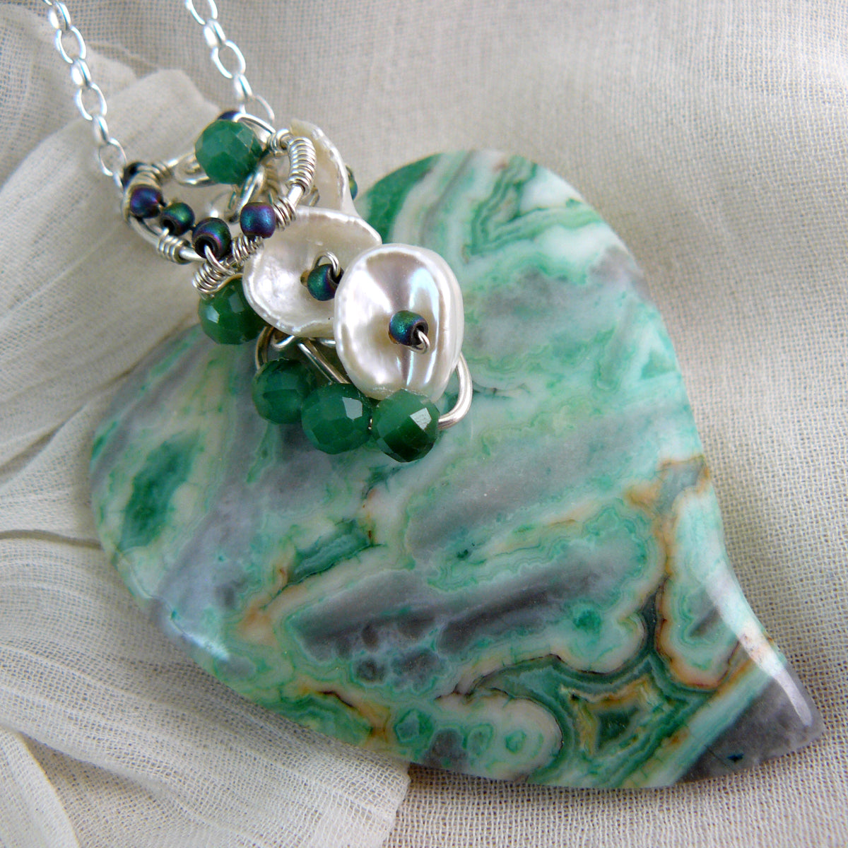 Dreamy Green Ocean Jasper Heart Shaped Pendant Wire Wrapped in Sterling Silver