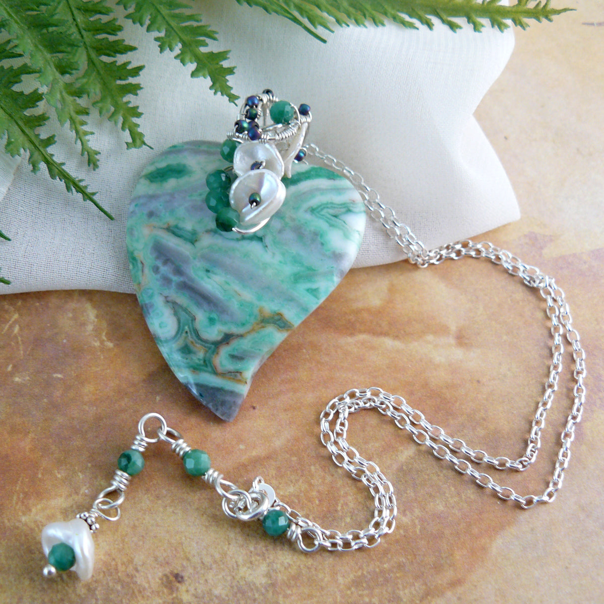 Dreamy Green Ocean Jasper Heart Shaped Pendant Wire Wrapped in Sterling Silver