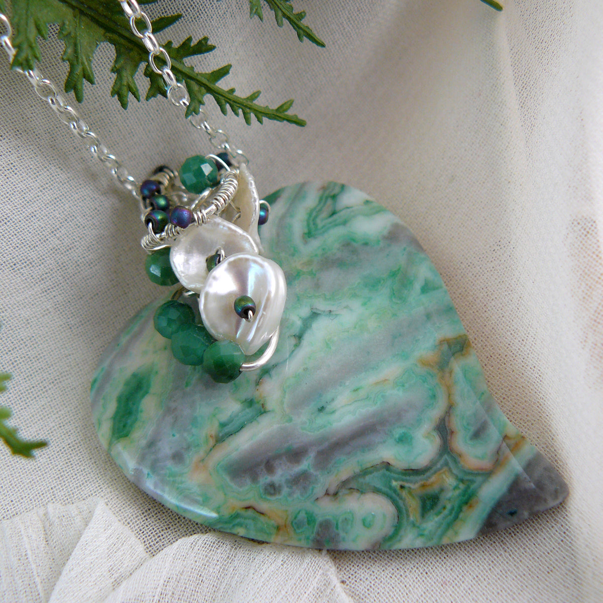 Dreamy Green Ocean Jasper Heart Shaped Pendant Wire Wrapped in Sterling Silver