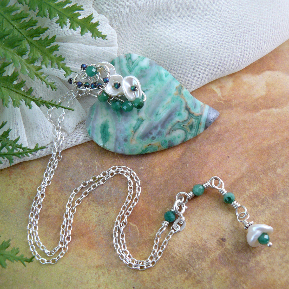 Dreamy Green Ocean Jasper Heart Shaped Pendant Wire Wrapped in Sterling Silver