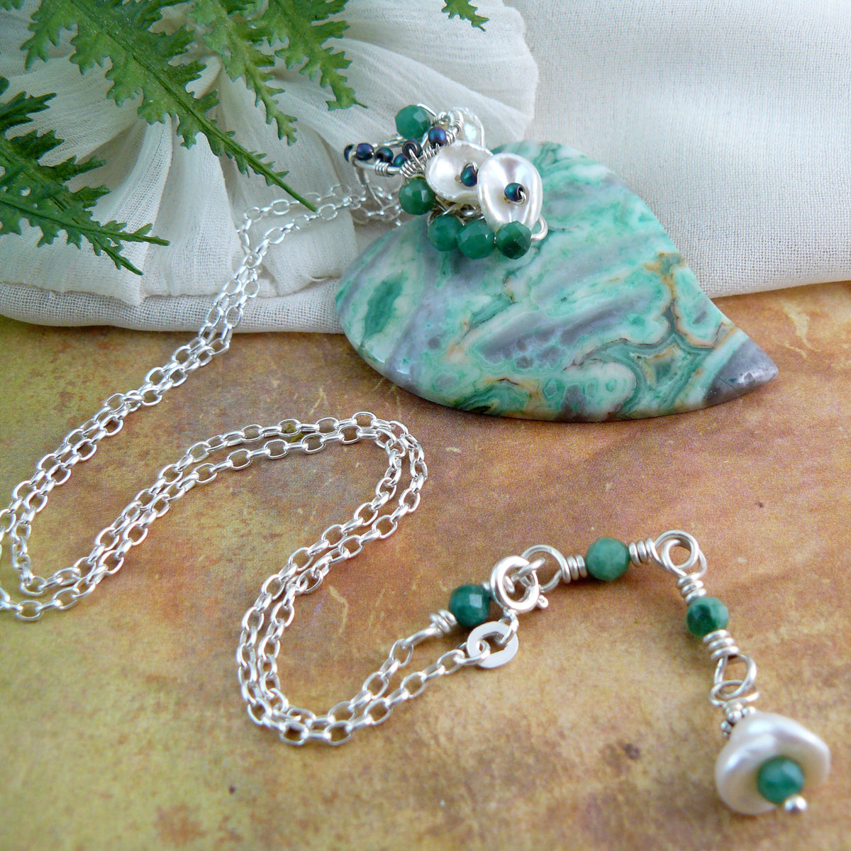 Dreamy Green Ocean Jasper Heart Shaped Pendant Wire Wrapped in Sterling Silver