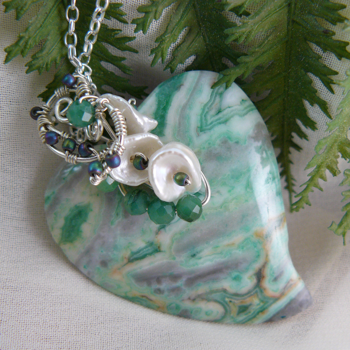 Dreamy Green Ocean Jasper Heart Shaped Pendant Wire Wrapped in Sterling Silver