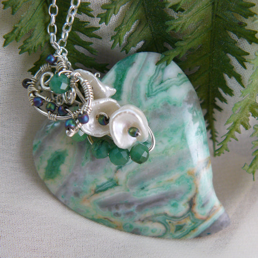 Dreamy Green Ocean Jasper Heart Shaped Pendant Wire Wrapped in Sterling Silver