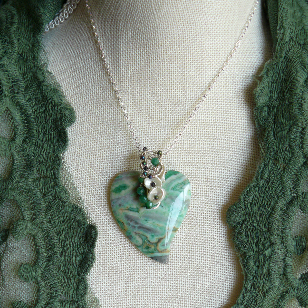 Dreamy Green Ocean Jasper Heart Shaped Pendant Wire Wrapped in Sterling Silver