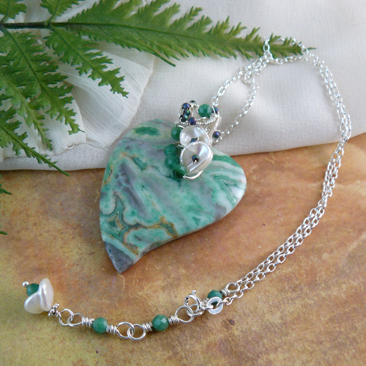 Dreamy Green Ocean Jasper Heart Shaped Pendant Wire Wrapped in Sterling Silver