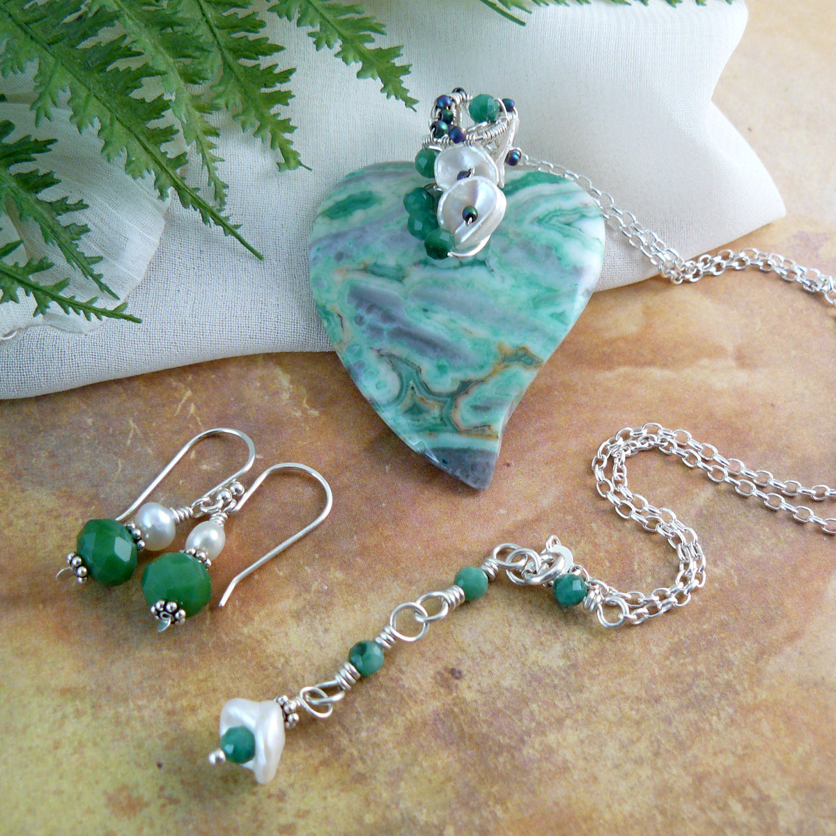 Dreamy Green Ocean Jasper Heart Shaped Pendant Wire Wrapped in Sterling Silver