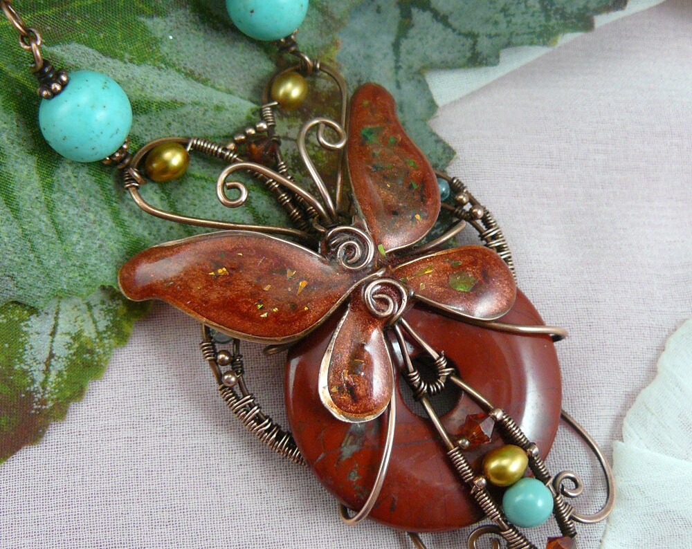 Resin and Copper Wire Wrapped Butterfly Pendant with Red Jasper Donut