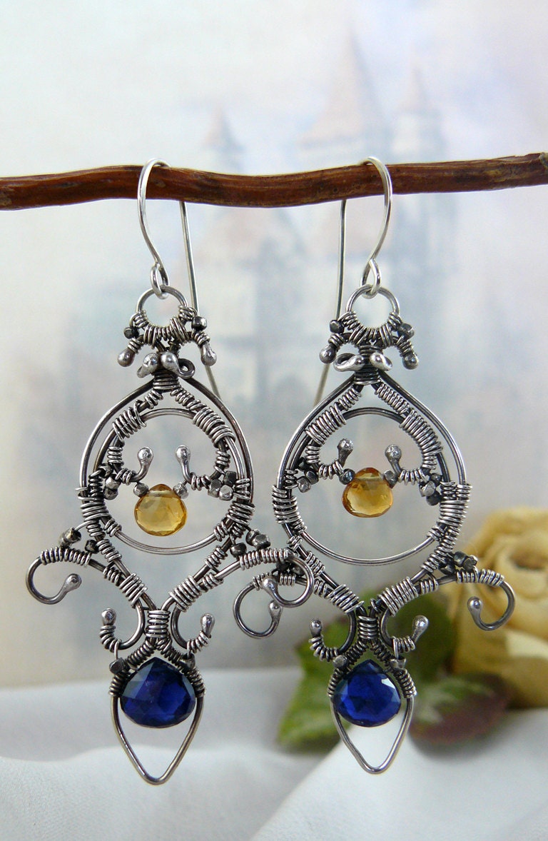 Dramatic Fleur de Lis Blue Kyanite and Citrine Wire Wrapped Sterling Silver Chandelier Earrings