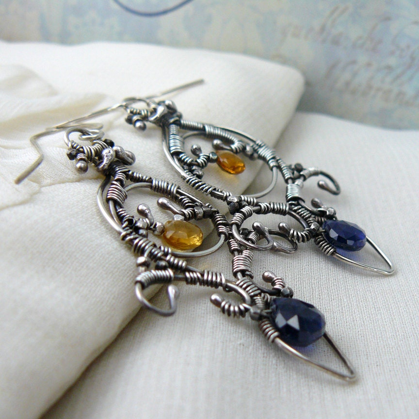 Dramatic Fleur de Lis Blue Kyanite and Citrine Wire Wrapped Sterling Silver Chandelier Earrings