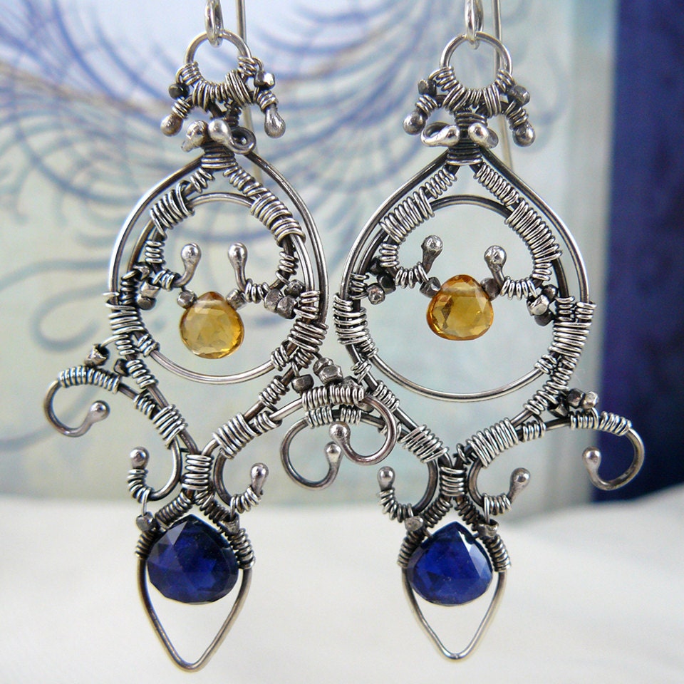 Dramatic Fleur de Lis Blue Kyanite and Citrine Wire Wrapped Sterling Silver Chandelier Earrings