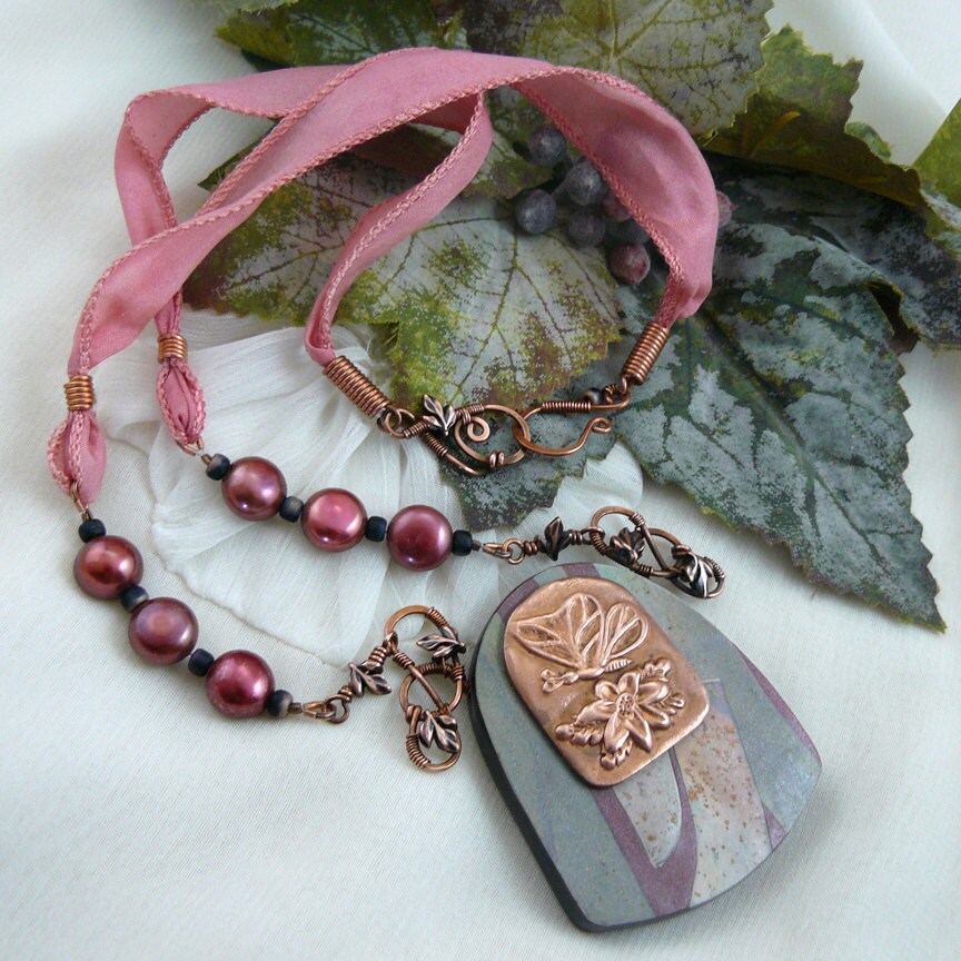 Earthy Copper Butterfly Emblem and Polymer Clay Shield Necklace