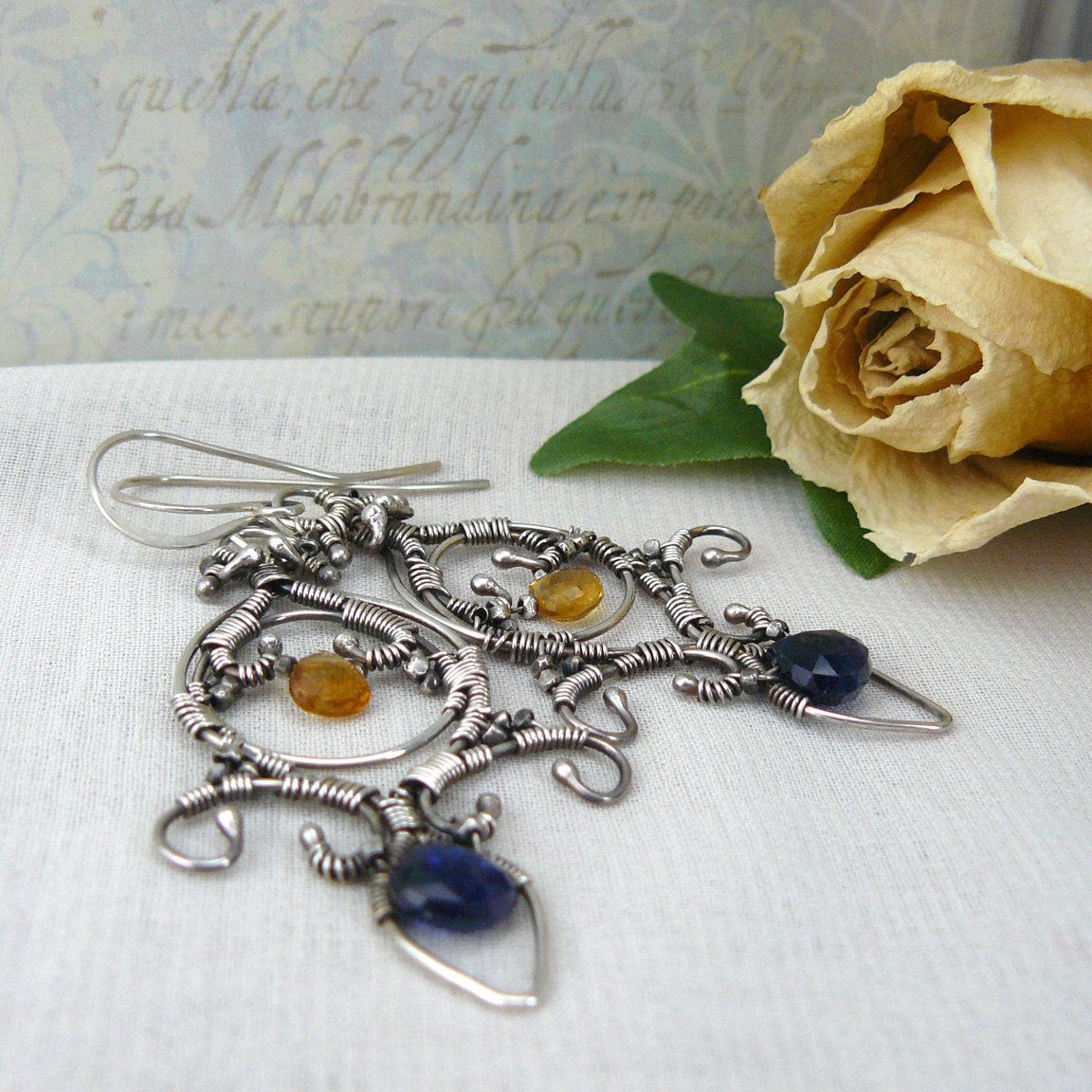 Dramatic Fleur de Lis Blue Kyanite and Citrine Wire Wrapped Sterling Silver Chandelier Earrings